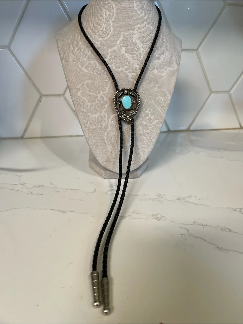 Turquoise Stone Bolo Tie with Braided Black Cord